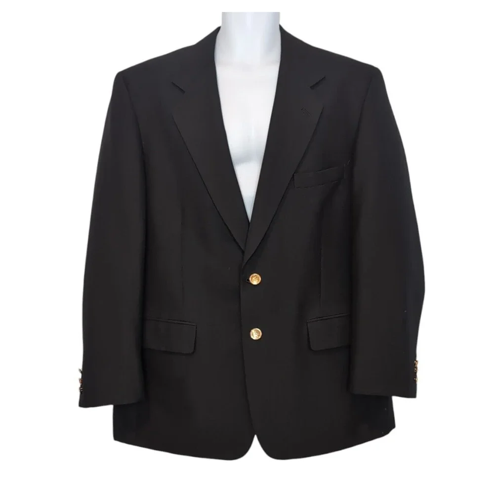 Gianelli Blazer Jacket Men's Size 44R Black Gold Buttons Polyester Wool‎ Blend